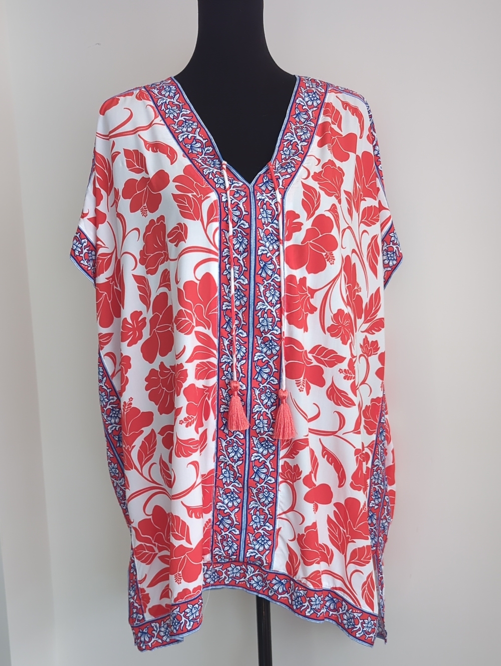 Tommy Bahama Island Cays Fiori Border Floral V-Neck Kaftan Tunic Swim Cover-Up
